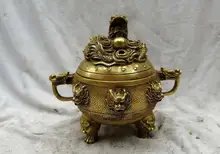 7″ China brass copper fine Buddhism nine dragons incense burner Sculpture Statue
