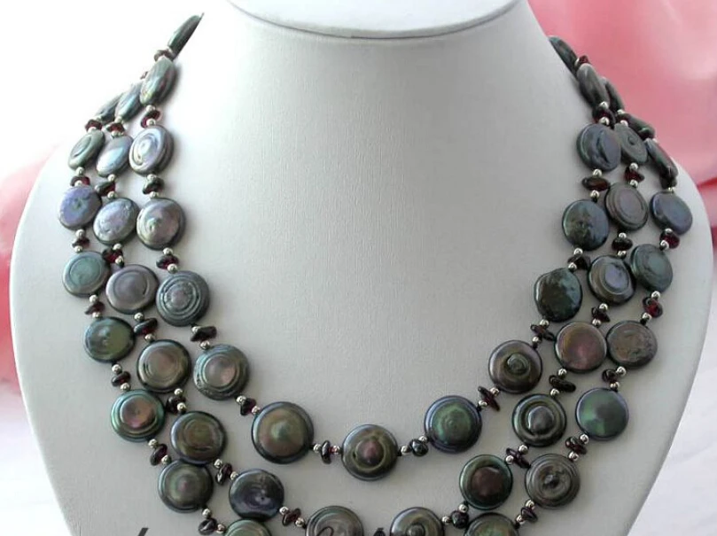 

Miss charm Jew.592 NICE 3row 14mm black coin freshwater pearl crystal necklace