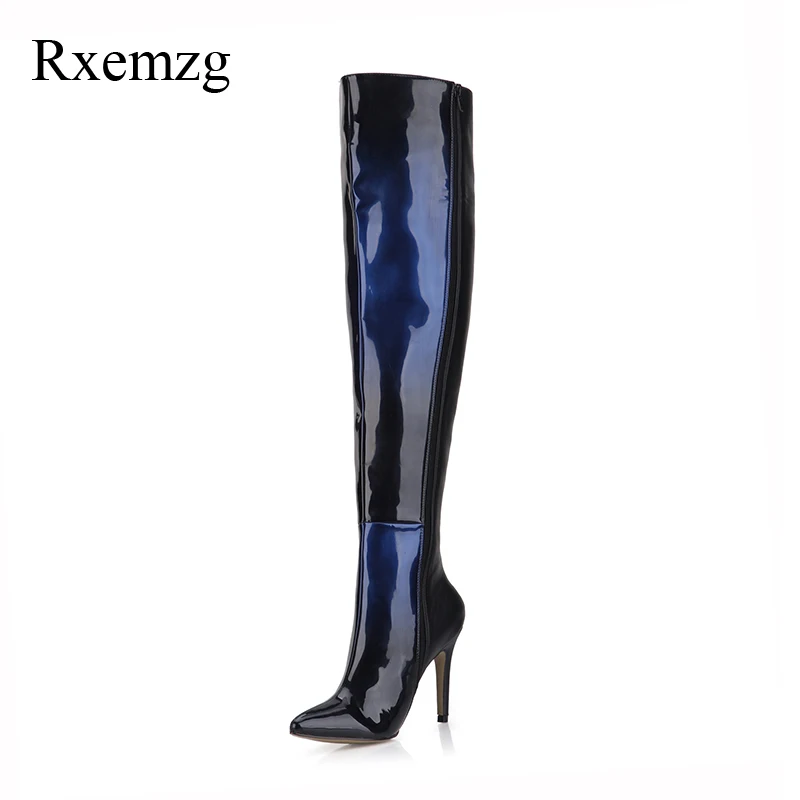 

Rxemzg patent leather gradient blue fashion boots women pointed toe high heels long boots shoes woman 43 size women winter shoes