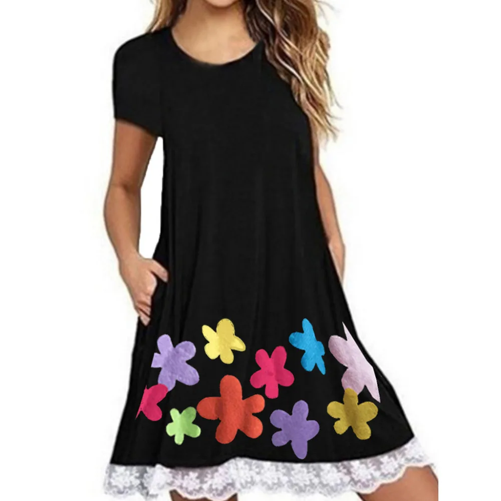 2019 women's summer short-sleeved lace beach dress plus size stitching print casual beach dress long sports dress cover up 40J6 (3) - 