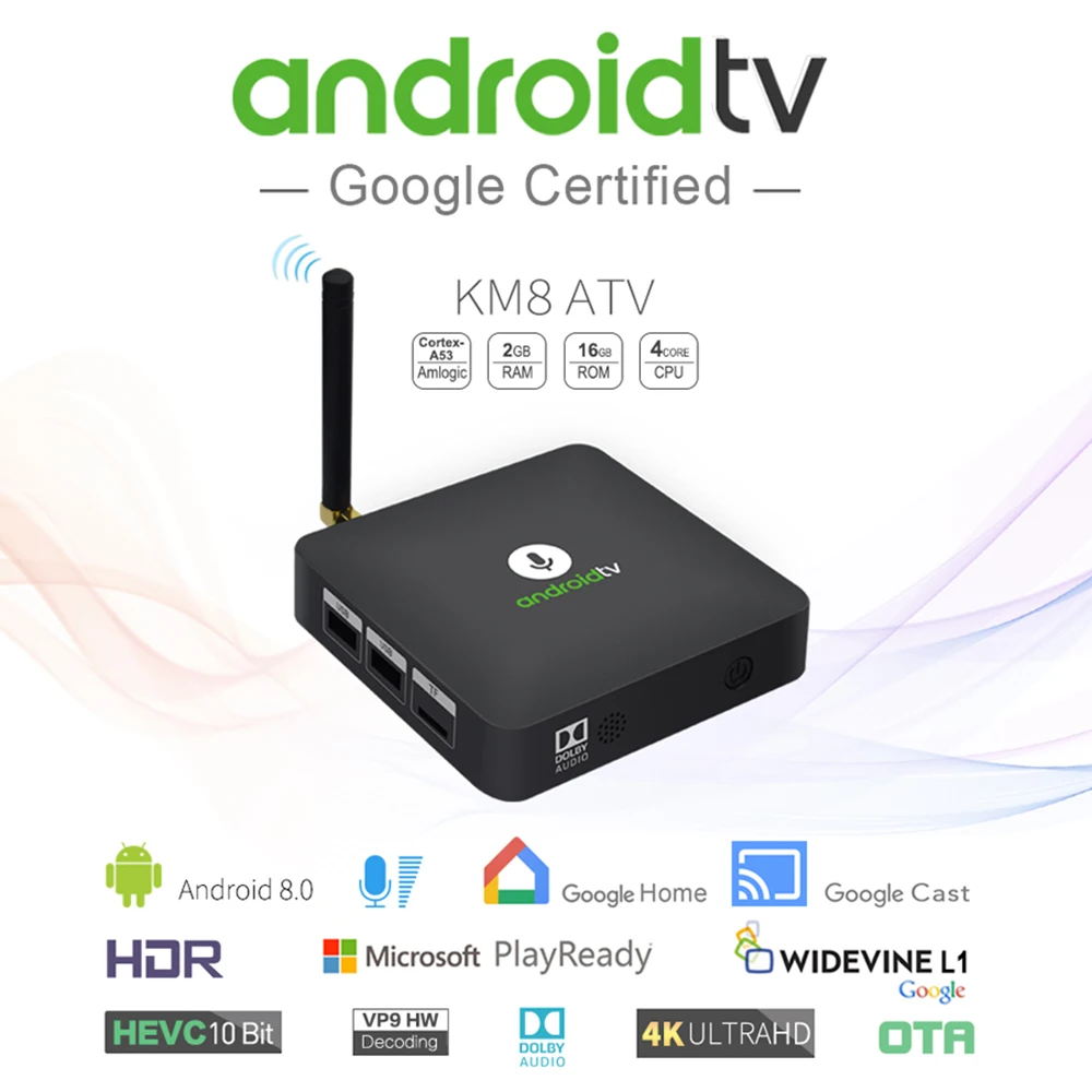 KM8 ATV Smart Android TV 8 0 BT & IR Voice Box Amlogic S905X 2 ГБ/16 ГБ Поддержка Google Home Cast 3D BT4.2