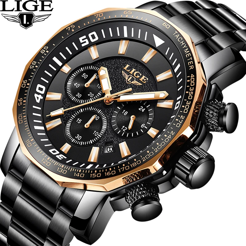 

Relogio Masculino Men Watches LIGE Top Brand Luxury Big Dial Business Quartz Watch Mens Full Steel Dress Waterproof Watch Male