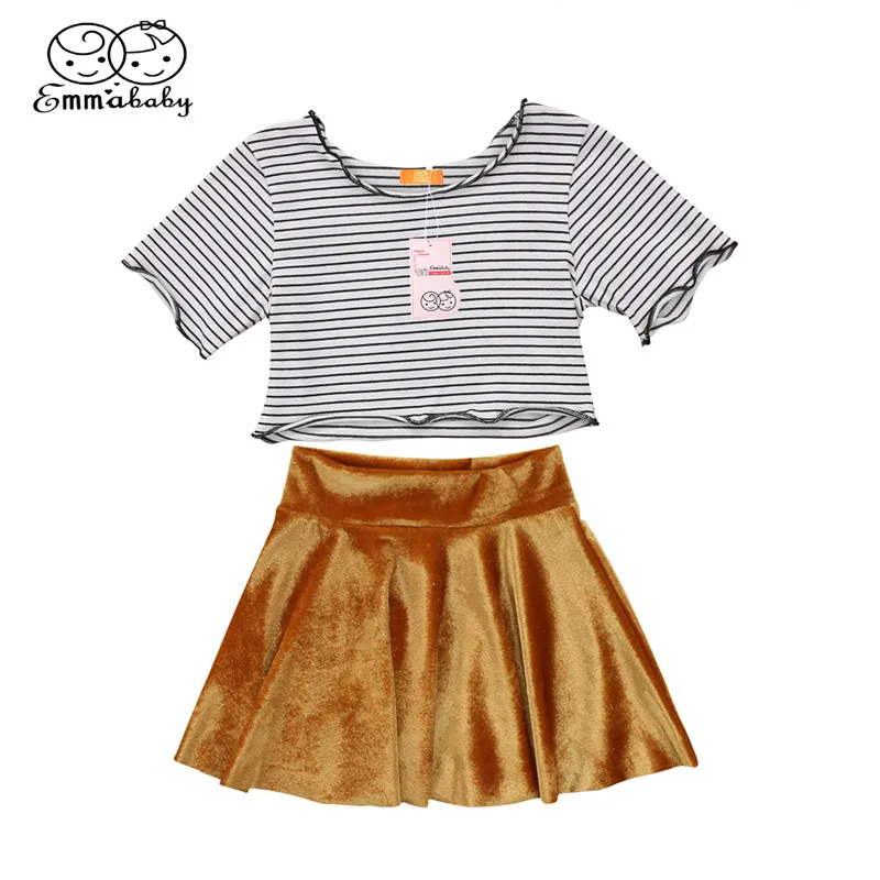 Summer 2Pcs Set Baby Girl Velvet Striped Short Sleeve Top T shirt