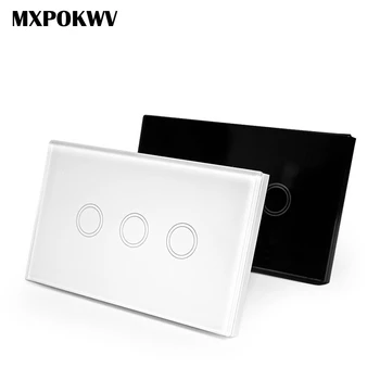 

US/AU Standard Touch Light Switch, Crystal Glass Panel 3 Gang 1 Way Wall Light Touch Screen Switch For Smart Home AC110-240V