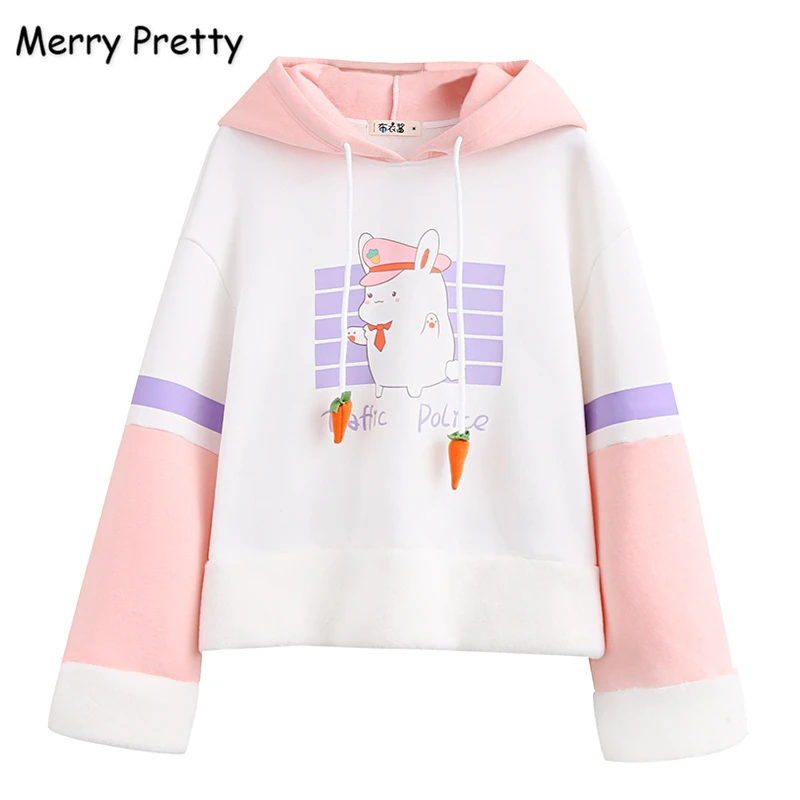  Merry Pretty Cartoon Prnted Hoodies Sweatshirt Women Thick Warm Kawaii Sweatshirts with rabbit ears