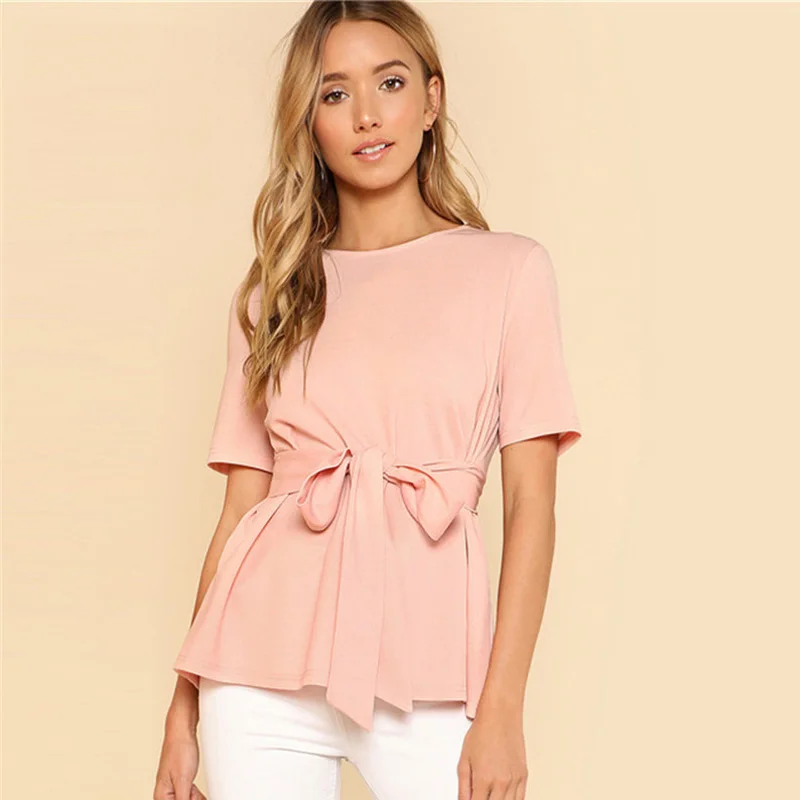 

2019 new Summer Short Sleeve O Neck High Low Tee Office Ladies Workwear Belt Elegant Top Women Casual Fashion T-shirt Black Pink