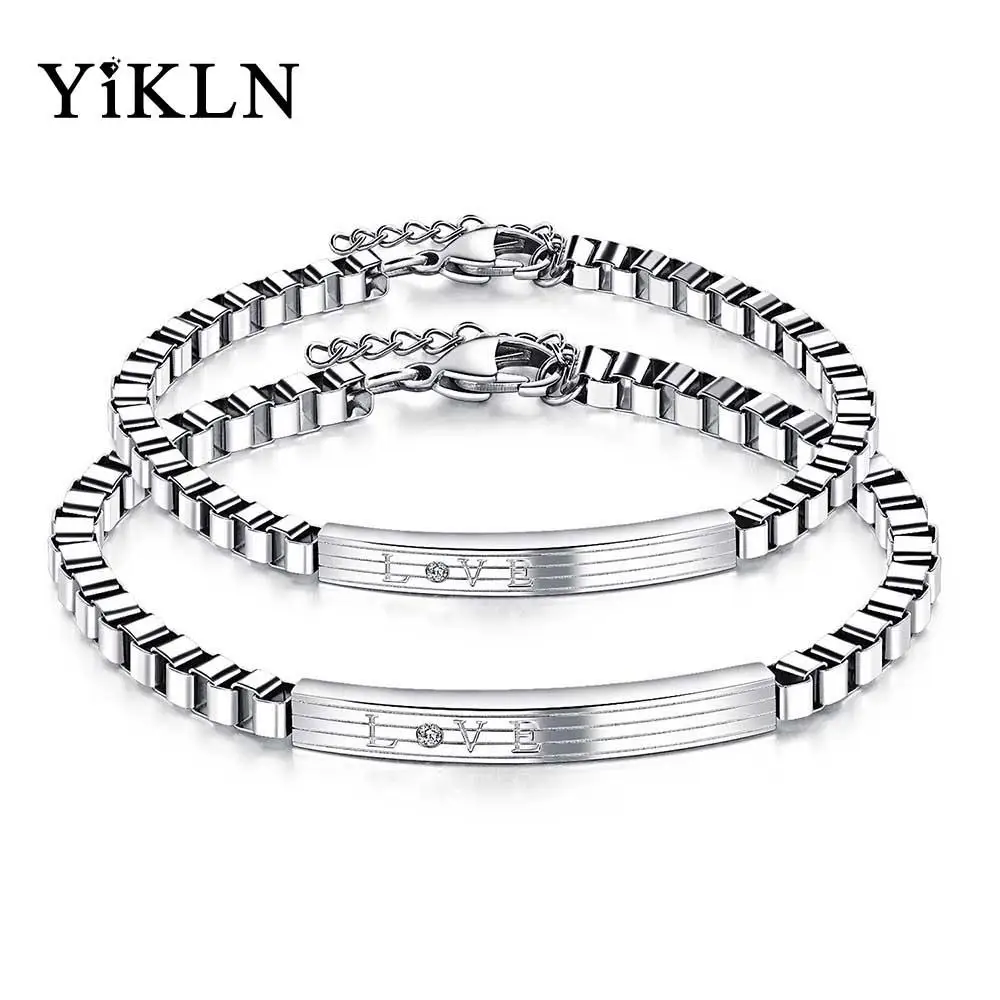 YiKLN Мода Титан Сталь кубического циркония любовь пара цепи коробки Браслеты изделия из розового золота Цвет бар браслеты для Для женщин OGS905