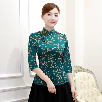 

Fashion Chinese Womens Tops Shirt Mandarin Collar Blouse Lady Clothing cheongsam Summer Short Qipao Top Dress Flowers S-3XL