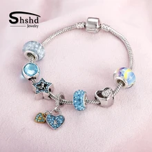 Женские очаровательные браслеты серебряные и браслеты летние пляжные Синие браслет с бусинами из кристаллов Сердце Радужная подвеска ювелирное изделие, цепь в виде змеи подарок для девочки