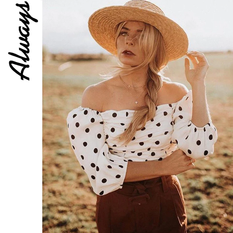 Женская блузка с открытыми плечами Alwayss укороченный топ в горошек оборками