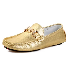Mode herren spitzschuh-partei-müßiggänger-schuhe echtes leder goldene silber farbe mann fahren schuhe echte kuh herren glänzend faulenzer trend