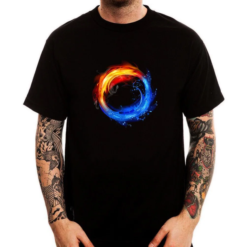 cheap 2019 Creative Novelty Summer Style Cotton Fire Water Circle Symbol Beautiful Black Printed Cotton Men T Shirt Top Teeorder T