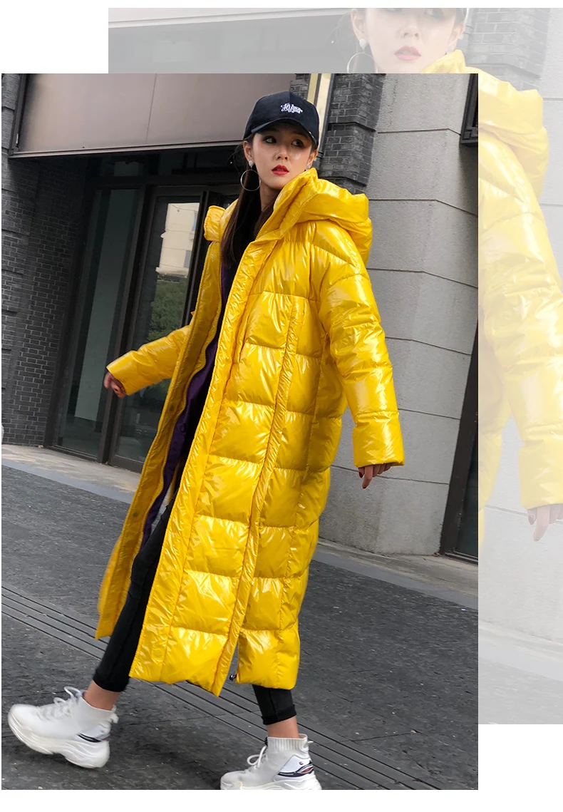 Зимняя модная женская пуховая хлопковая куртка Глянцевая теплая парка X-long с капюшоном толстое пальто женская уличная одежда с длинным рукавом