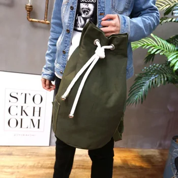 

Casual Men Canvas Backpack Large Capacity Barrel Backpack Army Green String Drawstring Daypack for Men Back Pack Backpacks 2019