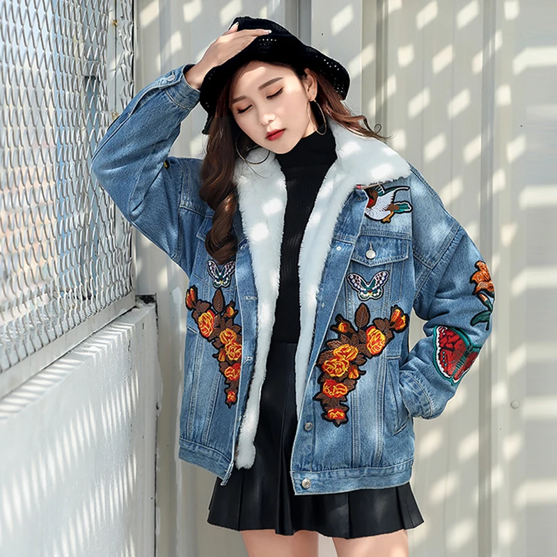 De Jeans En Longues Bleu Brodé D'hiver À Jean Papillon Filles Casual Outwear Femmes Veste Parkas Base Manteaux Vintage Femelle Manches 60qw67dA