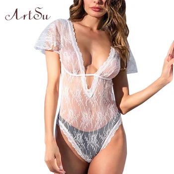 

ArtSu Women Sexy Bodysuit White Lace Hollow Out Deep V-neck Bodycon Female Catsuit Body Romper Short Sleeve Bodysuits ASJU41040