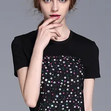 Женская футболка высокого качества ручной работы с бисером, Повседневная футболка с коротким рукавом, черные летние женские хлопковые топы