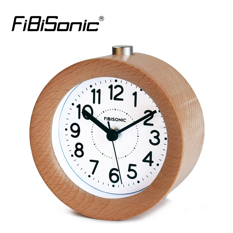  FiBiSonic Mute Sweep Movement Snooze Small Round Classic Wood Alarm Clock Silent Desk Alarm Clock W