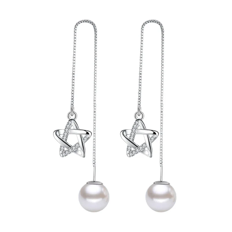 

Promotion 925 sterling silver fashion imitation pearl crystal star ladies`drop earrings jewelry female Christmas gift no allergy