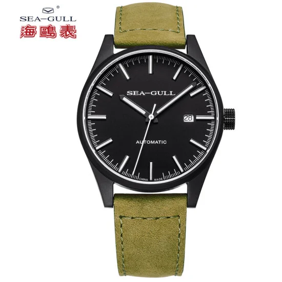 Seagull Genuine Leather Band PVD Black Case Classic Vintage Luminous Hands Automatic Men's Watch Sea-gull ST2130 Movement