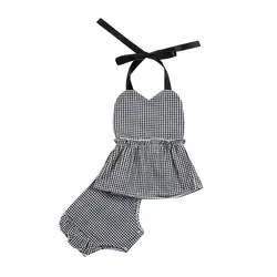 Для новорожденных девочек оборками плед ремень спинки Топы + брюки комплект одежды летняя одежда для детей девочек # YL5