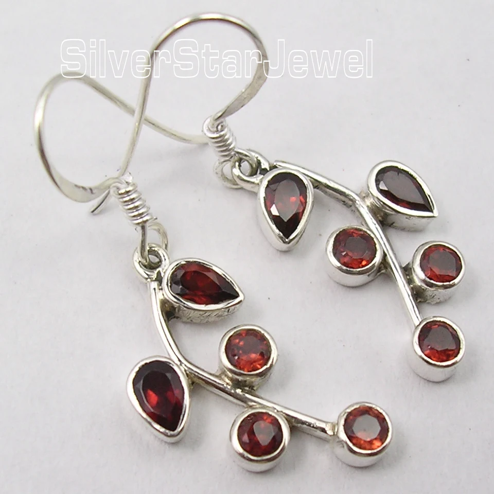 

Chanti International Silver CUT GARNET 5 Gem UNUSUAL PLANT LEAF ROYAL Earrings 3.7 CM