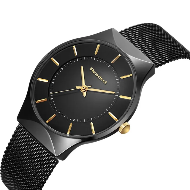 Readeel Топ бренд для мужчин s часы Роскошные Кварцевые повседневные часы для мужчин Нержавеющая сталь сетка ремешок ультра тонкий циферблат часы relogio masculino - Цвет: Black Gold