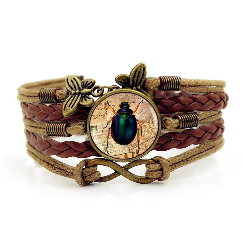 Многослойный стеклянный выпуклый Египетский скарабей винтажные бабочки Бесконечность плетеные браслеты ручной работы вязаный кожаный браслет для женщин