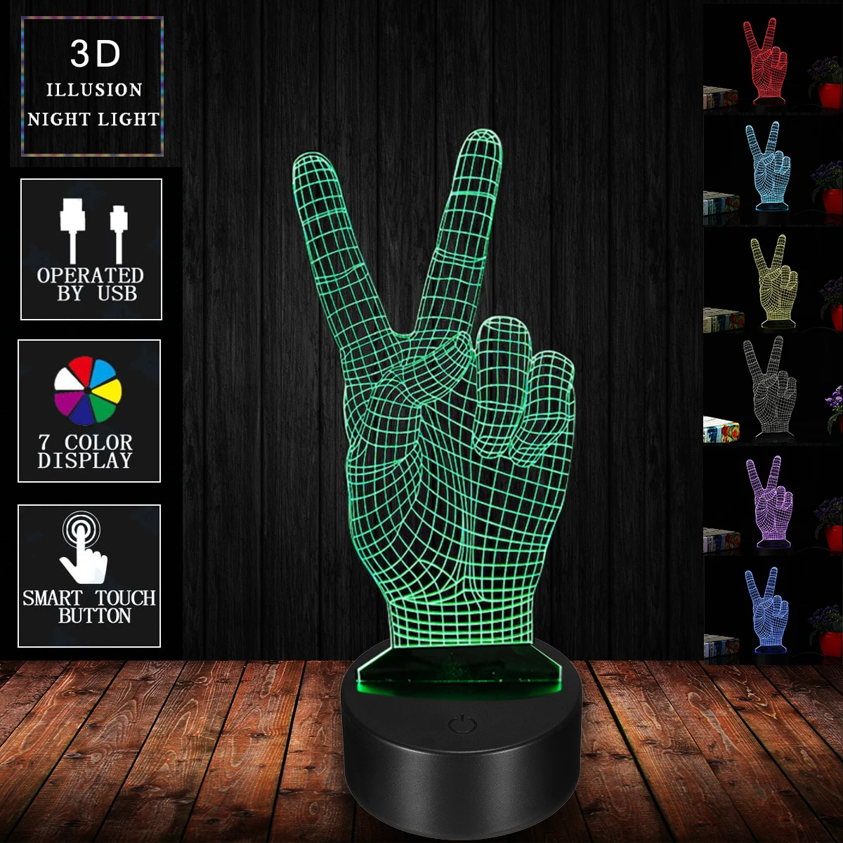 

3D Illusion Victory Hand LED Sensor Touchs Switch Acrylic Night Light USB Battery Power Desk Table Lamp Home Decor Souvenir
