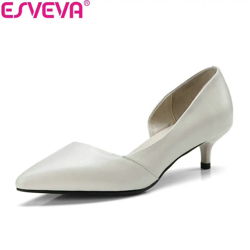 

ESVEVA 2018 Women Pumps Simple and Fashion Style Med Heels Cow Leather PU Spring Pointed Toe Thin Heels Pumps Shoes Size 34-41