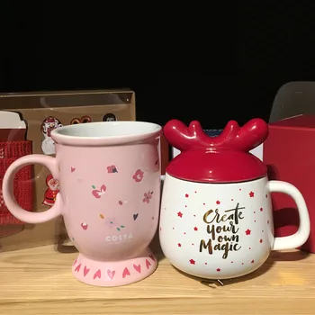 

Hot!! Cartoon Kawaii Magic Elk Horn Cups Ceramic Mugs Office Coffee Milk Tea Cup Thermos water Bottle 400ml Christmas Gifts