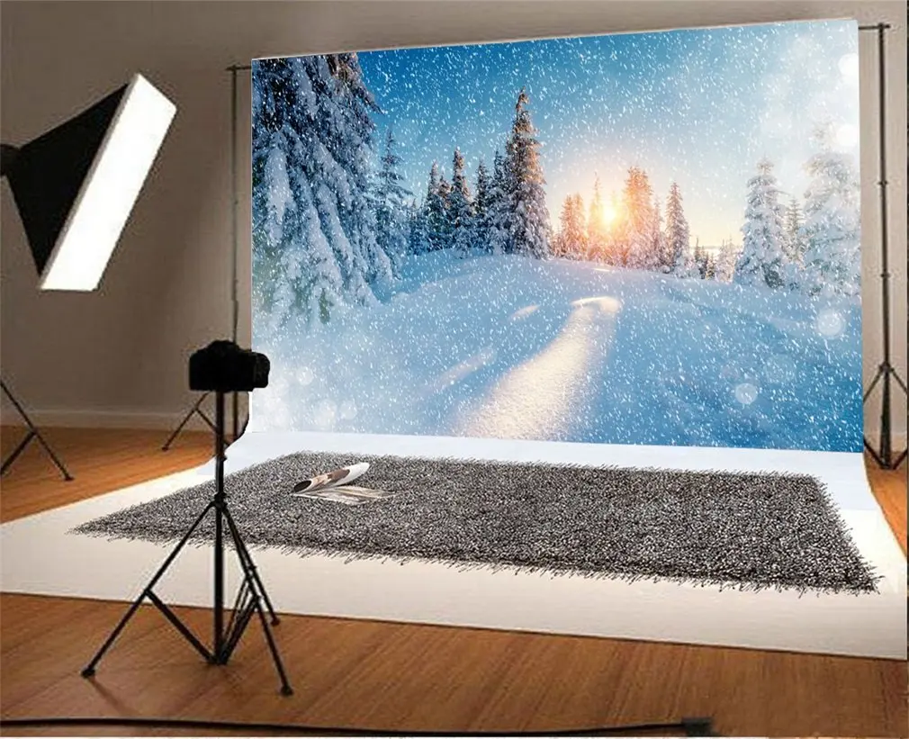 

Photography Backdrop Christmas Tree Heavy Snow Falling Snowflakes Sunshine Winter Xmas Photo Background