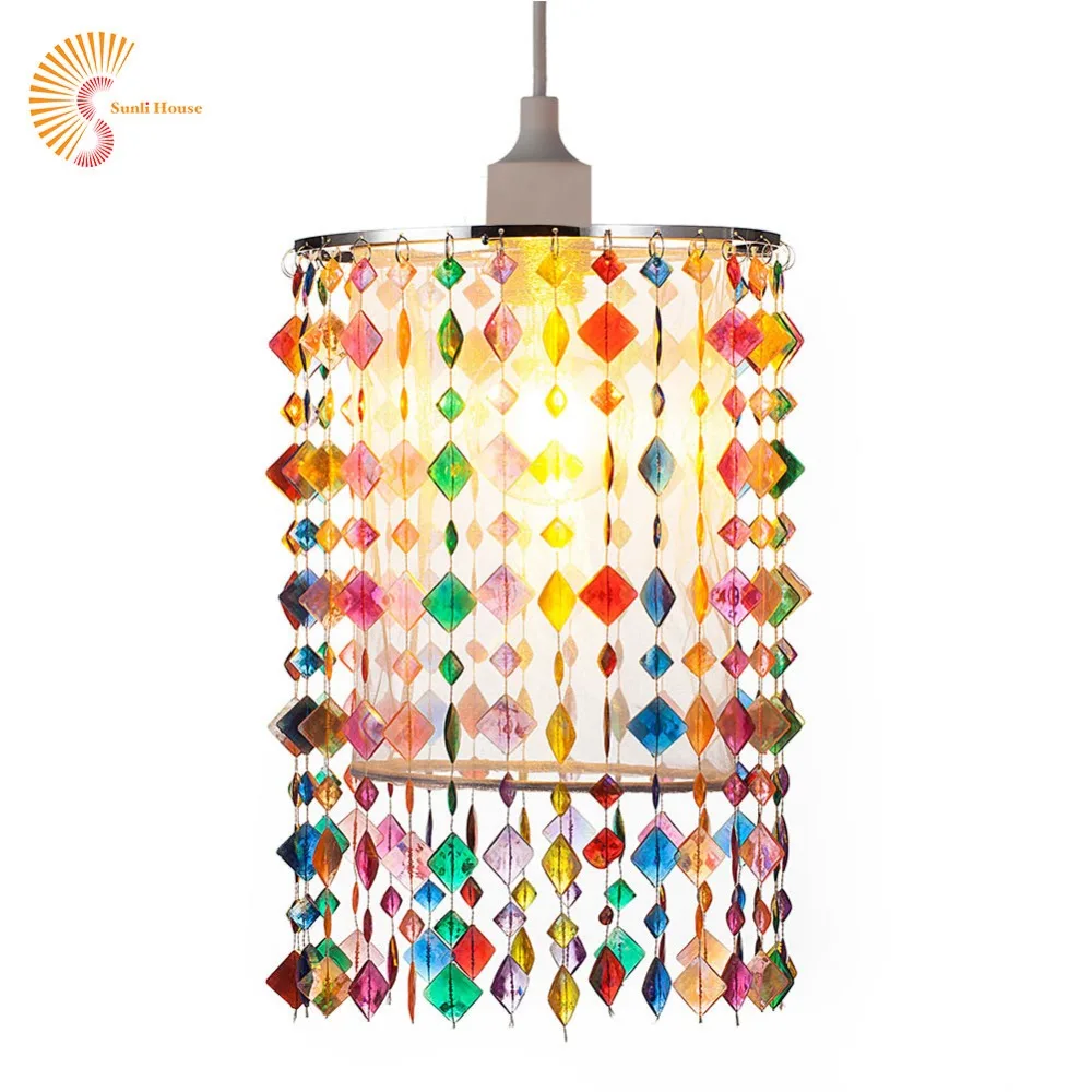 

Colorful Chandelier Lights for kids Acrylic Beads lights Fabric lampshade for home decoration with Chrome Sliver E27 Iron Frame