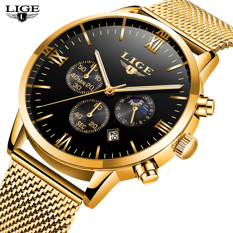 

LIGE Mens Watches Top Luxury Brand Business Gold Quartz Watch Man Wristwatch Mesh Steel Sport Watch Clock Relogio Masculino
