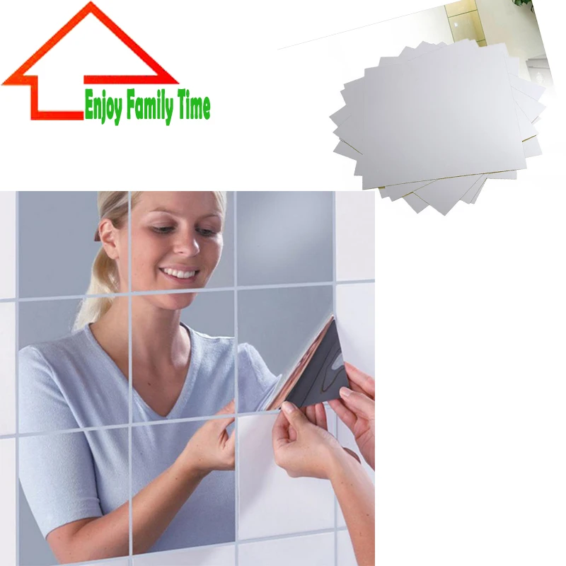 16Pcs Mosaic Mirror Tile Self Adhesive Square Wall Sticker Home Room