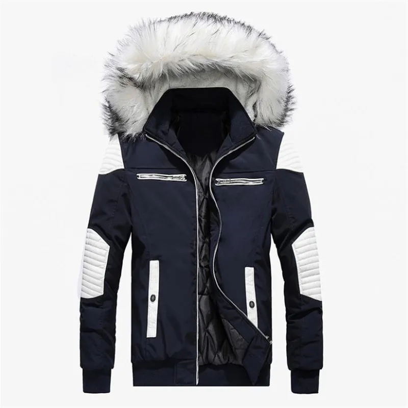 

Autumn and winter new men's cotton jacket thick warm casual coat hooded large fur collar down jacket large size