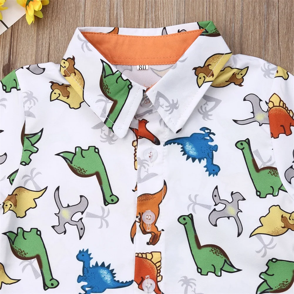 Коллекция года, брендовая летняя одежда для маленьких мальчиков рубашка с рисунком динозавра Топы+ штаны, деловой костюм комплект одежды джентльмена из 2 предметов