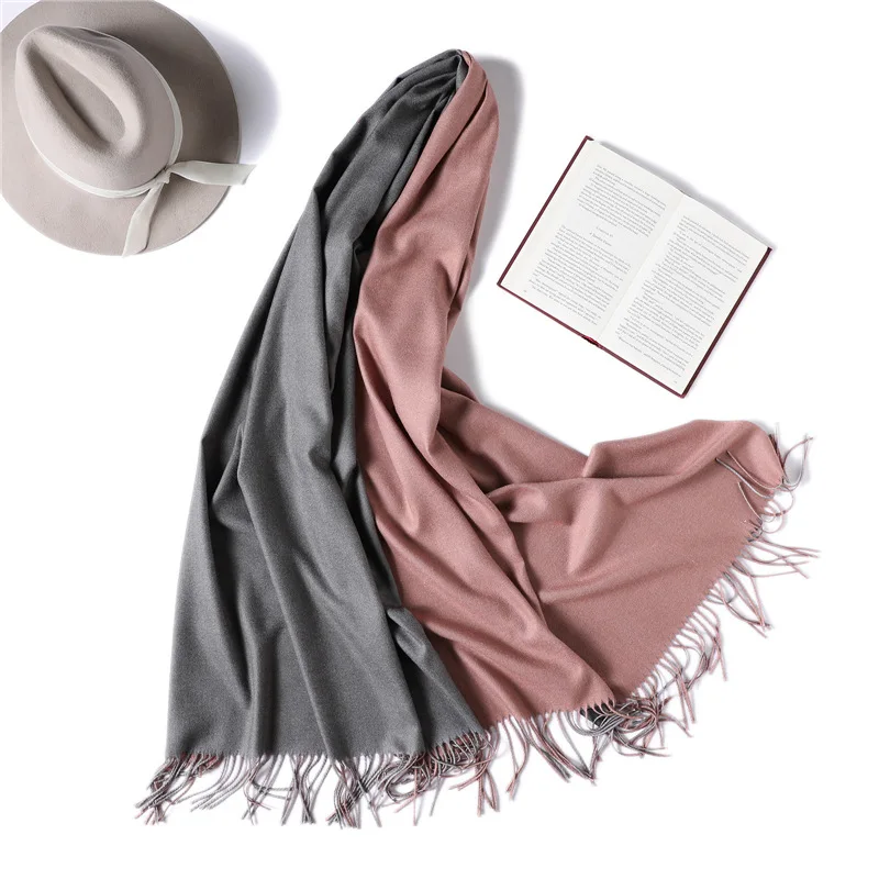[Lakysilk] зимний шарф для женщин, кашемировый теплый мягкий двухцветный хиджаб, шарф для девушек, толстые брендовые шали и накидки с кисточками, пашмины - Цвет: 2