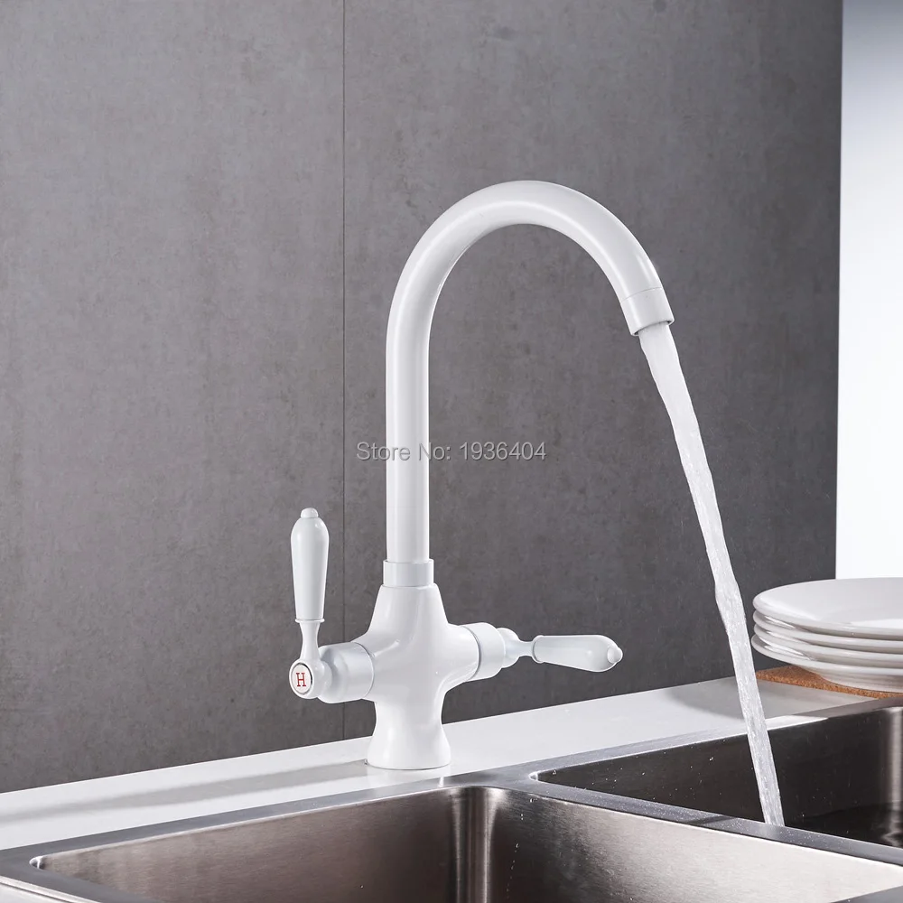 White Spray Painting Kitchen Faucet Dual handle Design 360 Degree