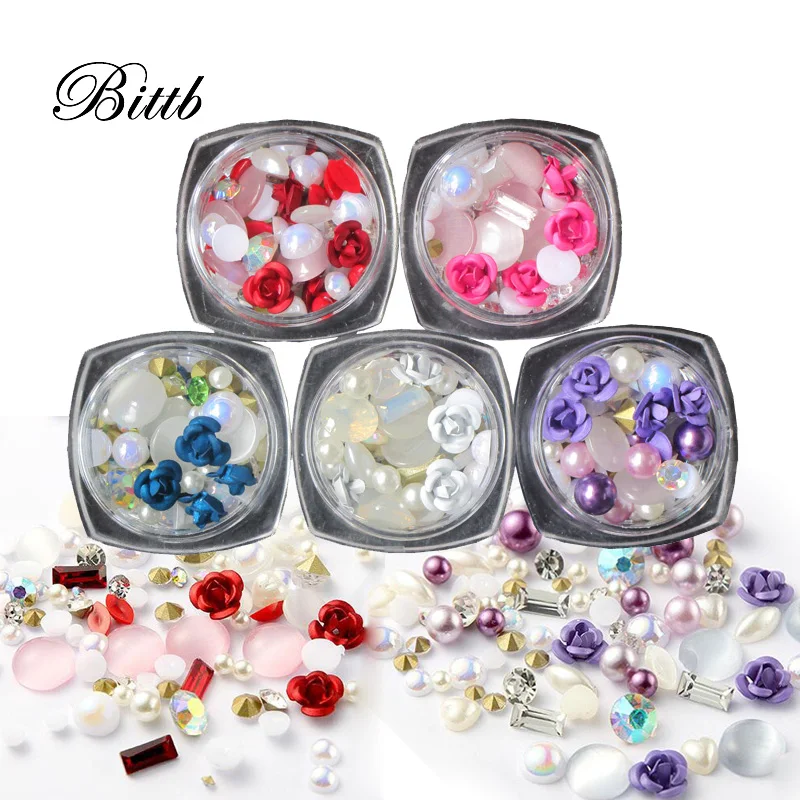 

Bittb 1 Box Mixed Nail Resin Rhinestones Gems Rose Pearl Nails Jewelry Charm Manicure Nail Art Decorations Accessories Tools