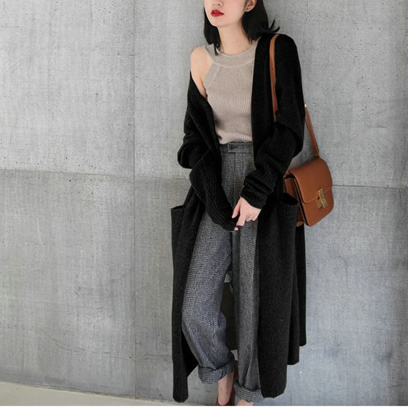 

2019 Autumn Winter New Long Cardigan Cashmere Sweater Women's Solid Color Knitted Wool Coat Thickening Cardigan Loose Sweater