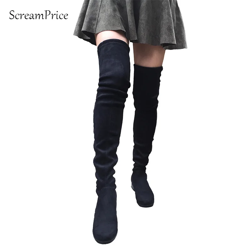 허벅지 높은 플랫 부츠 여성 무릎 부츠 위로 편안 가을 겨울 가짜 스웨이드 부츠 패션 신발 여성 블랙 짙은 회색 와인