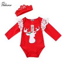 Новогодние костюмы для новорожденных девочек с рождественским оленем, кружевной топ, комбинезон, одежда счастливые детские комбинезоны, одежда для маленьких девочек