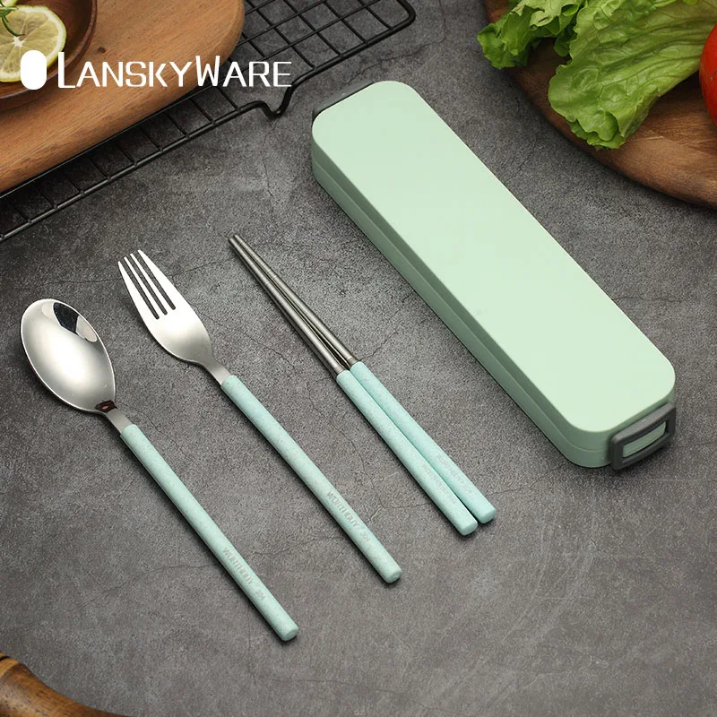 

Portable Travel Tableware Set 304 Stainless Steel Dinnerware Set With Wheat Straw Handle Box Kitchen Cutlery Dinner Set