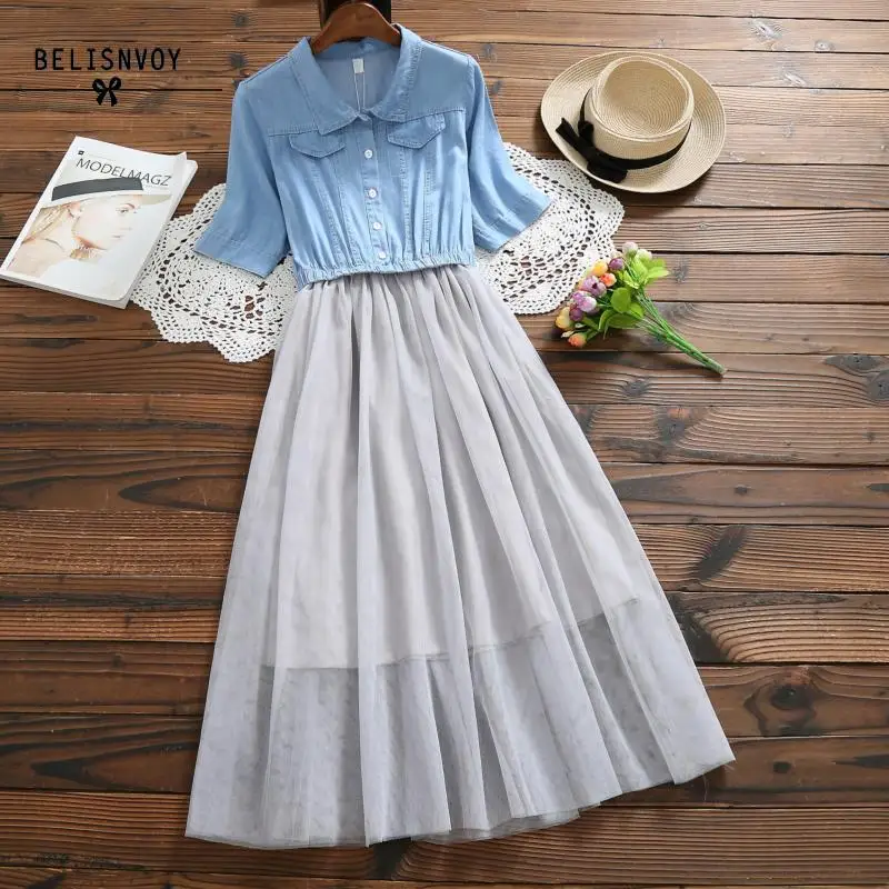 

Women Long Dress Summer 2019 Elegant Denim Mesh Patchwork Slim Pleated Elbise Preppy Style Casual Dress Vestidos
