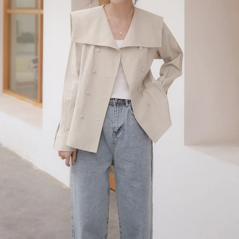

Spring Fashion New Women's Windbreaker Soild Color Sailor Collar Jacket Coat