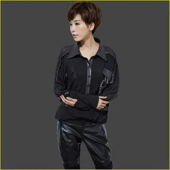 

American 2017 Women Spring Autumn Pu Leather Patchwork Hollow Out Top T Shirt Female Casual Plus Size Pocket T Shirt Veludo Exo