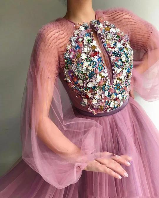 Роскошное платье для выпускного вечера из тюля с кристаллами и длинными рукавами