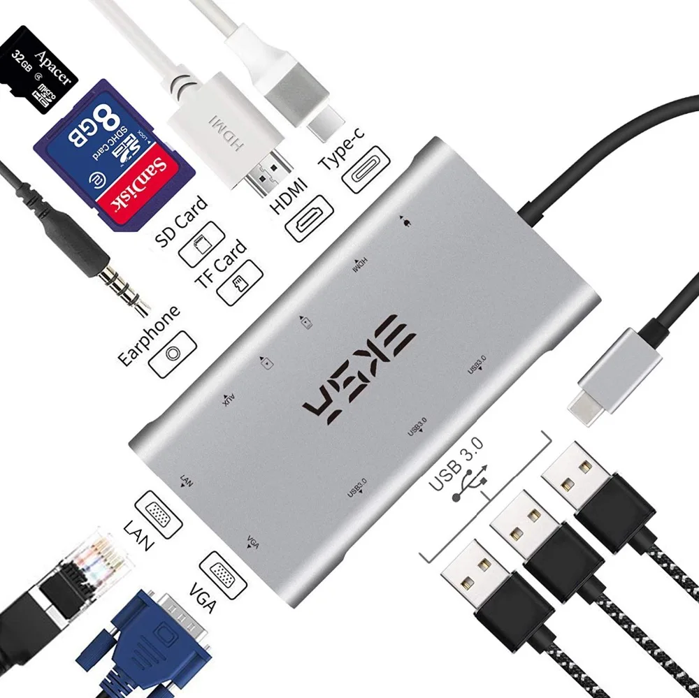 EKSA usb-хаб 10 в 1 type C концентратор 3,0 с 3 портами USB 3,0, 4K HDMI, 1080P VGA, RJ45, 3,5 мм разъем, кардридер для huawei P20 Pro