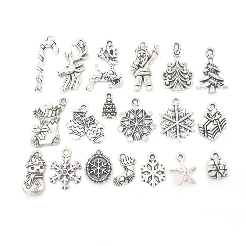

19pcs Mixed Silver Color Christmas Tree Snowflake Stocking Candy Cane Charm Pendants Decoration